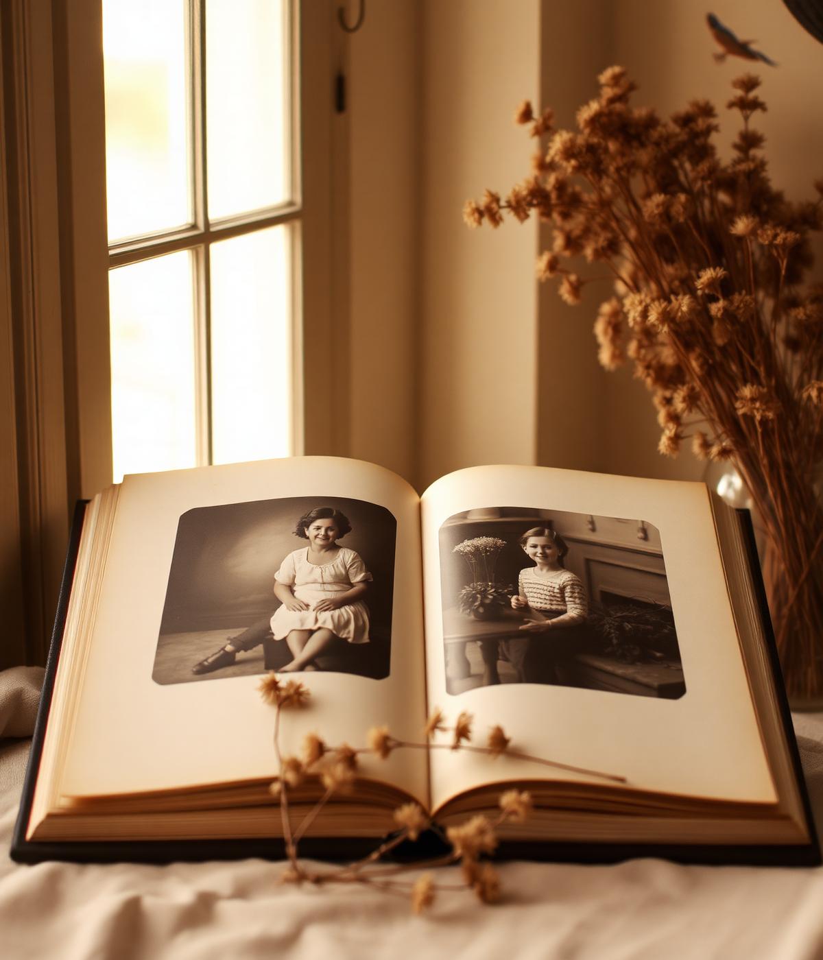 Open album in soft window light