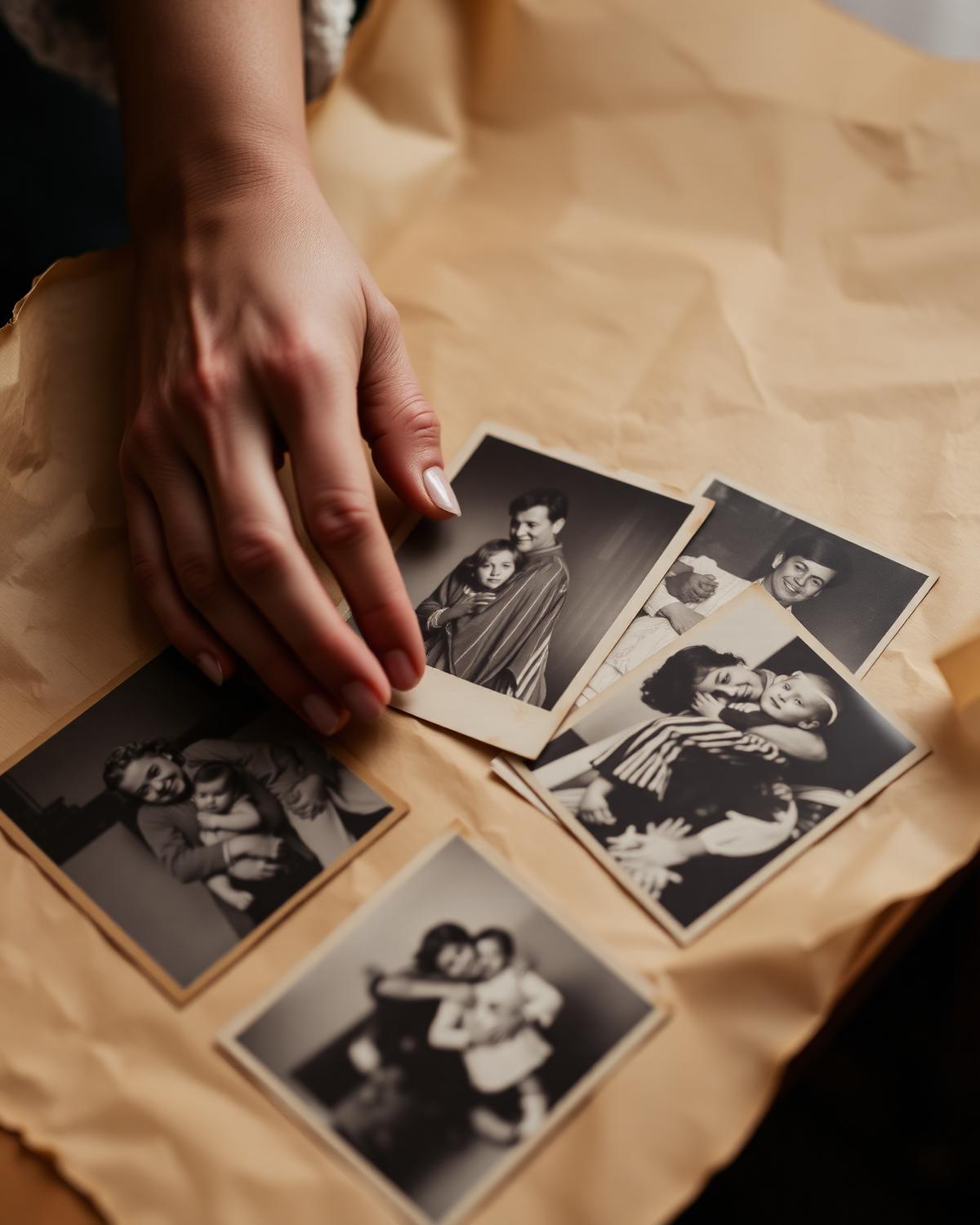 Hands arranging photographs