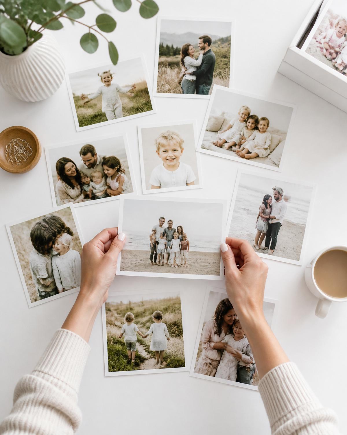 Hands gently arranging vintage black and white family photographs on parchment